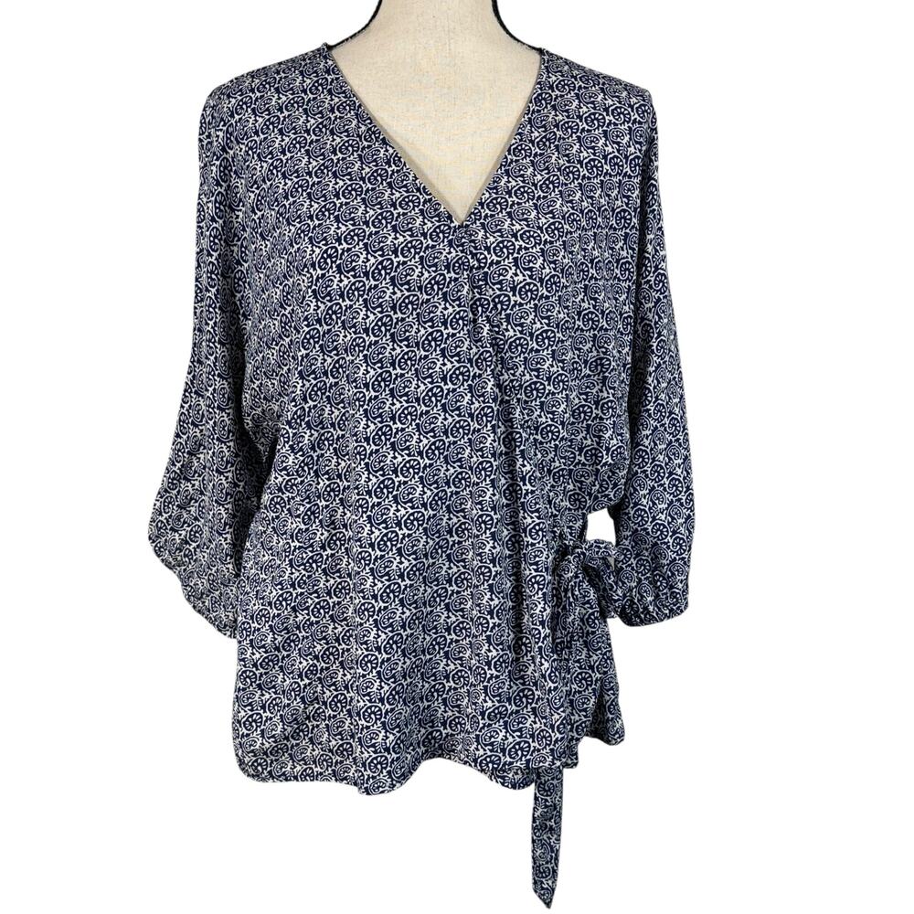 Talbots X-Large Faux Wrap Top Geometric Surplice V-Neck Dolman Elbow Sleeves